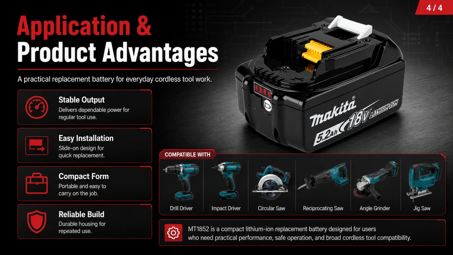 Makita BL1852 18V 5.2Ah replacement battery